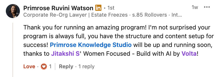 Primrose testimonial on LinkedIn