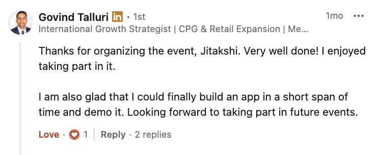 Govind Talluri testimonial on LinkedIn